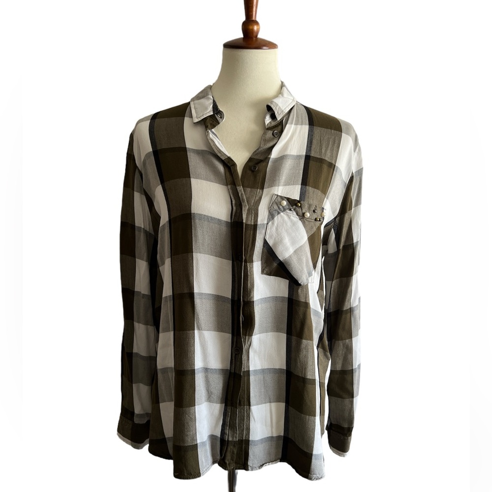 ZARA Basic Pearl Embellished Pocket Plaid Shirt XL